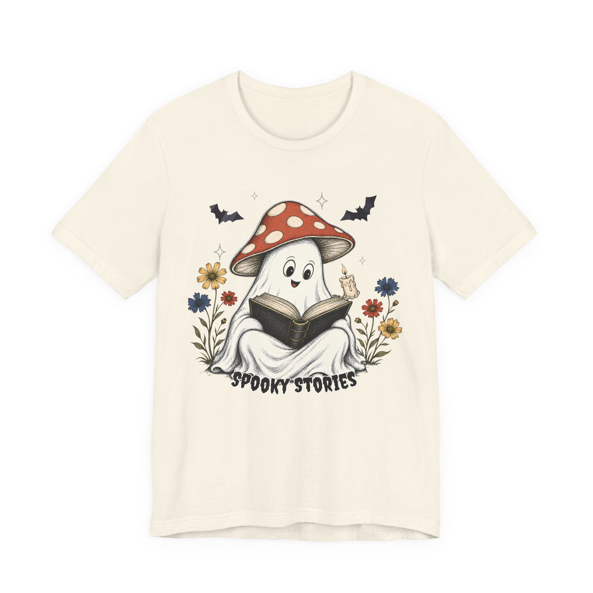 Spooky Stories Ghost T-Shirt, Cute Mushroom Ghost Reading Shirt for Halloween - 14970