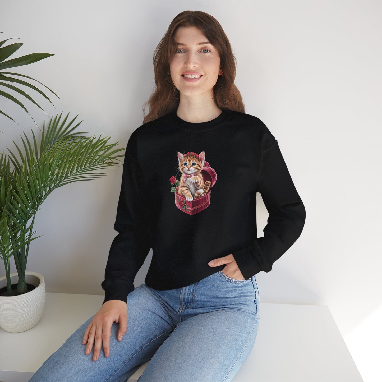 Cute Cat Valentine Sweatshirt – Adorable Cat Illustration Crewneck, Romantic Gift for Cat Lovers - 14774