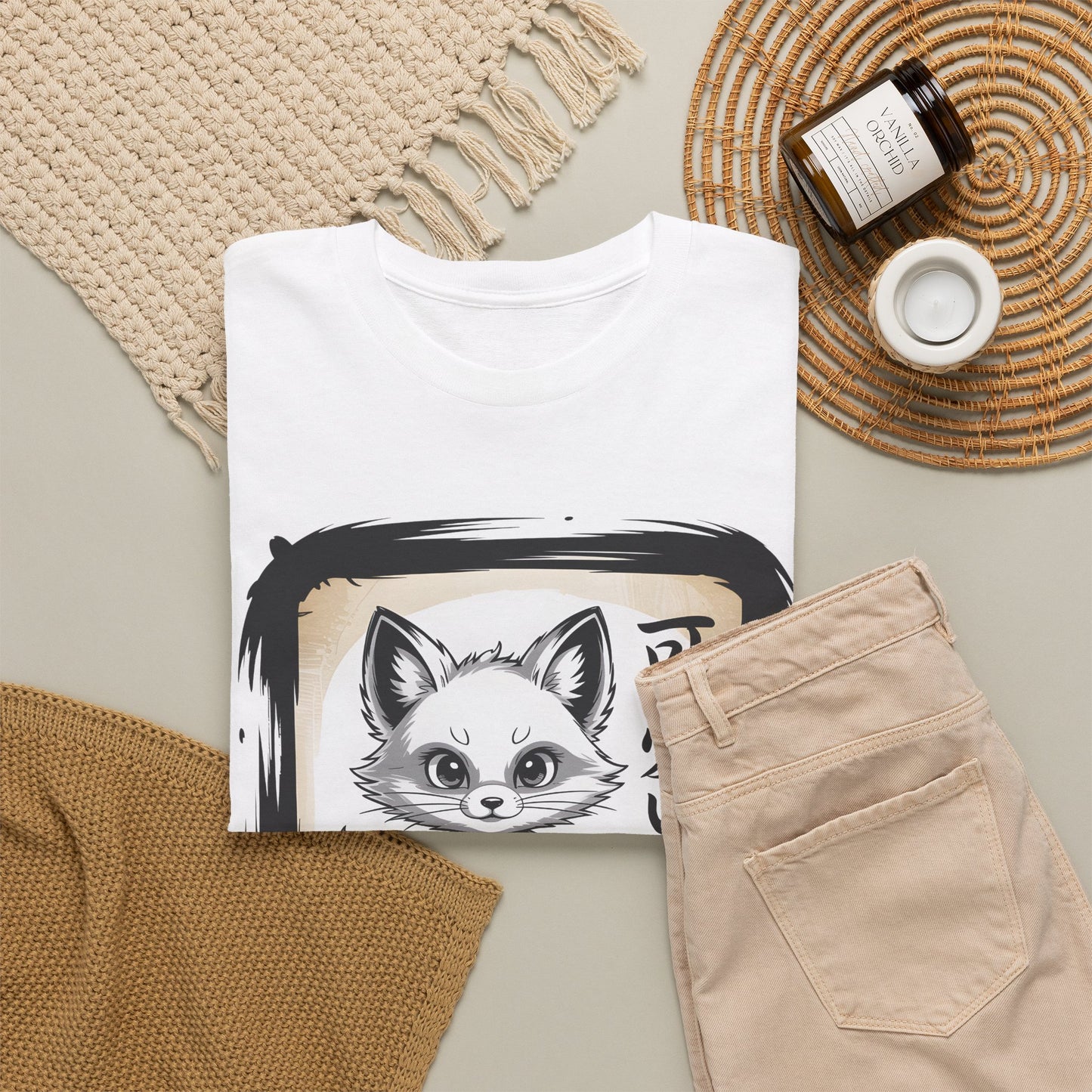 Fox Spirit Tee – Kawaii Fox Samurai with Japanese Calligraphy T-Shirt - 14911