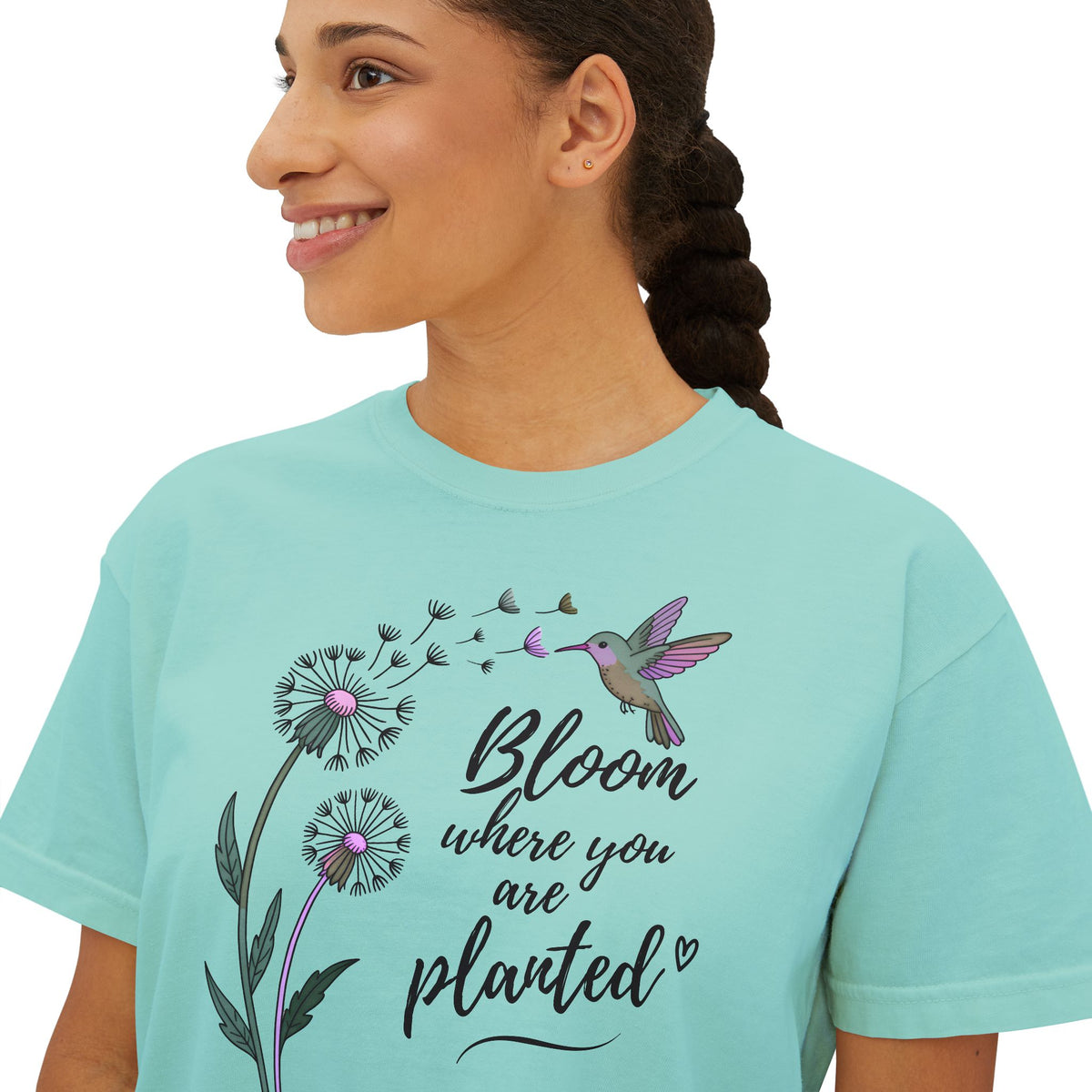 Bloom Where You’re Planted Boxy Tee, Women’s Hummingbird Floral Inspirational T-Shirt - 14926