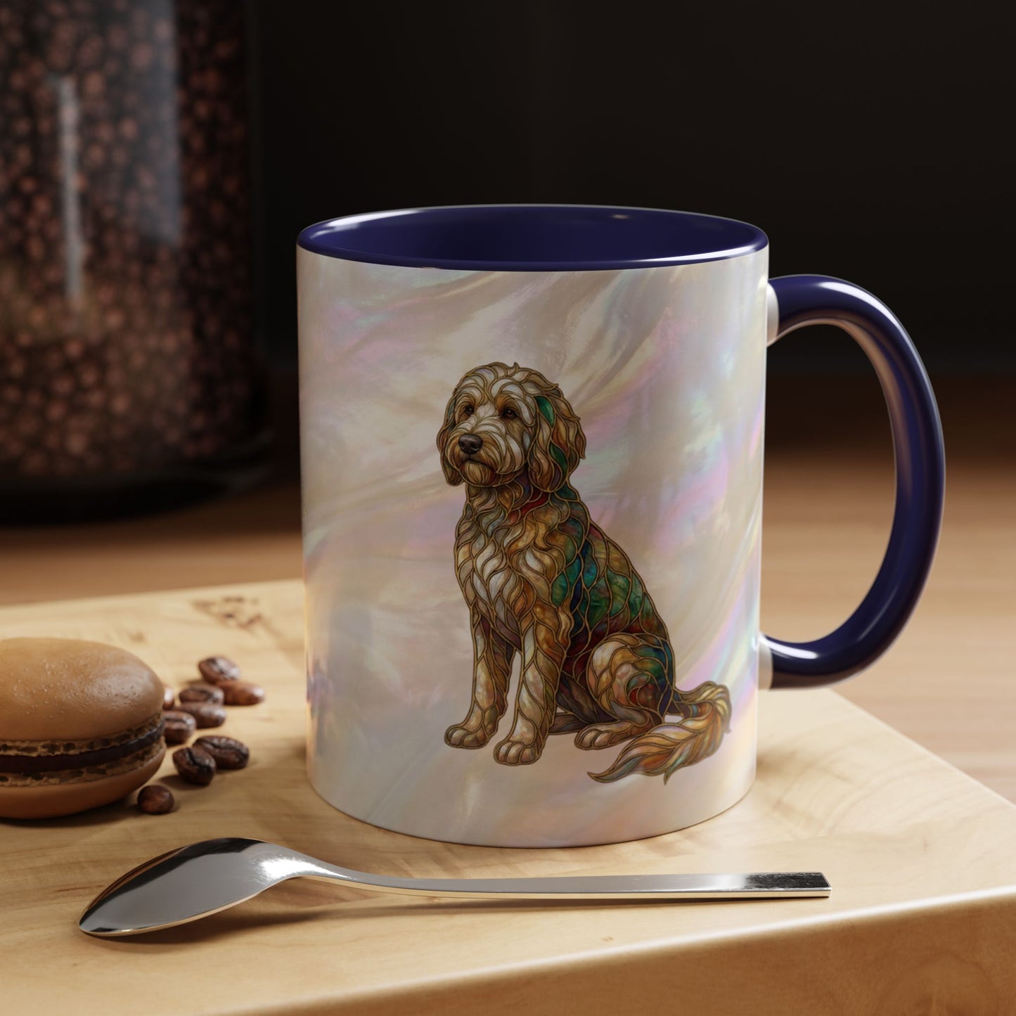 Personalized Dog (Goldendoodle) Coffee Mug - Accent Ceramic Mug with Name and Stained Glass Design - 14530