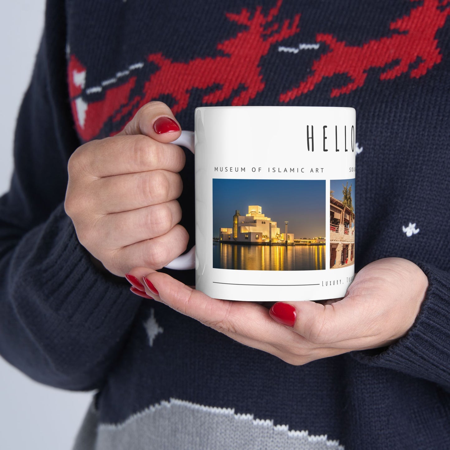 Hello Doha! Ceramic Travel Mug - 11oz & 15oz | Souq Waqif Art Design - 12108