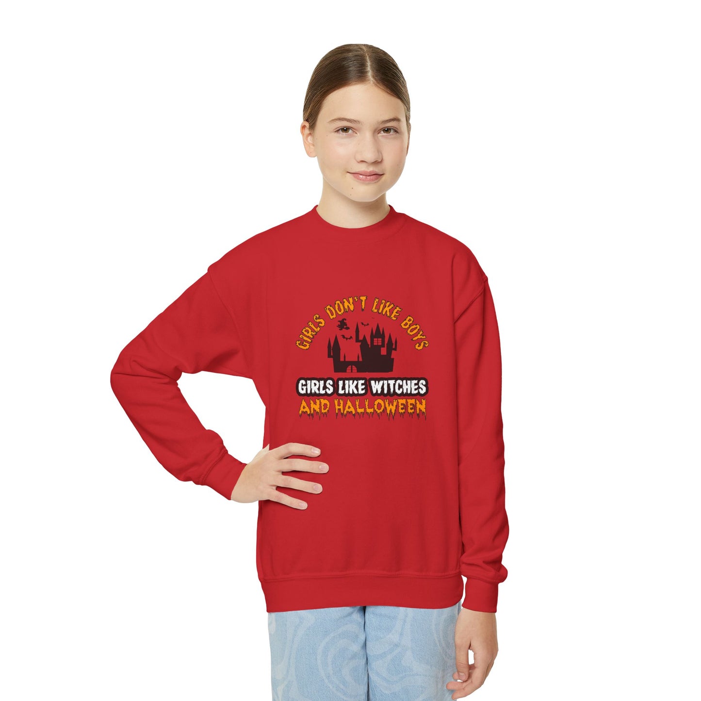 Girls Don't Like Boys. Girls Like Witches and Halloween - Youth Crewneck Sweatshirt