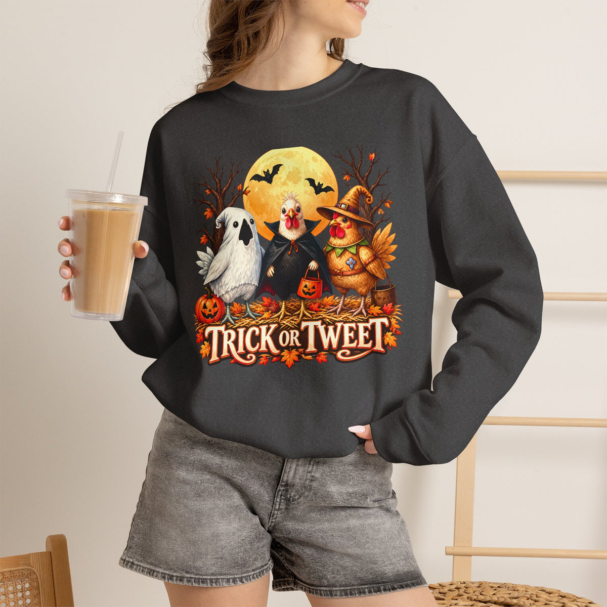 Trick or Tweet Halloween Sweatshirt, Cute Costume Chickens & Ghost Crewneck- 14512
