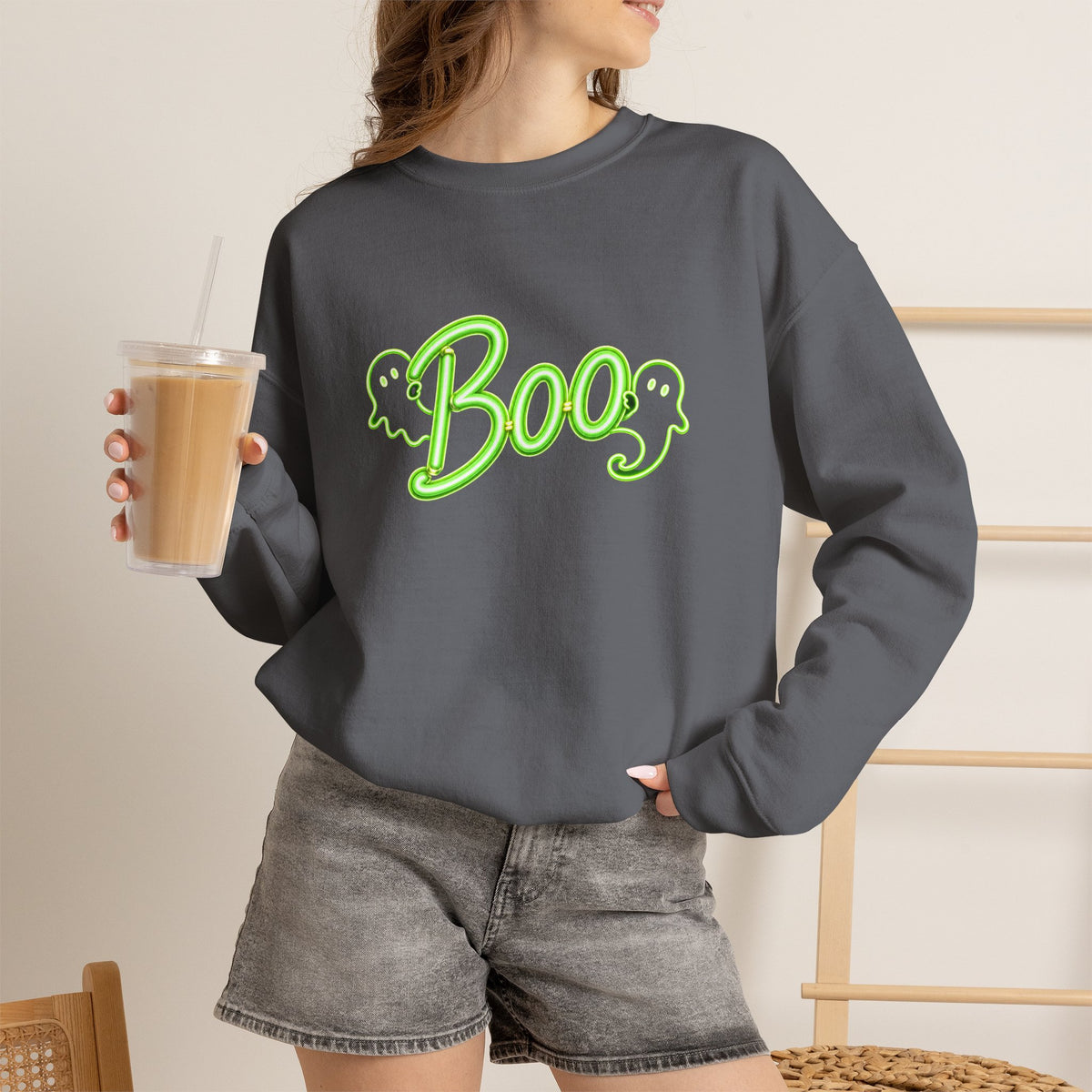 Neon Boo Halloween Sweatshirt, Cute Ghost Crewneck - 14517