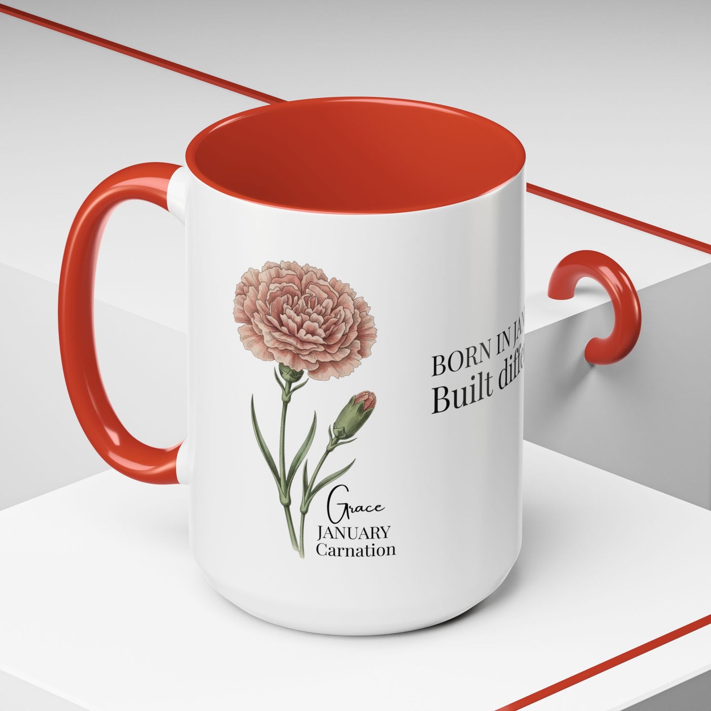 January Carnation Birth Flower Accent Coffee Mug – Customizable (11oz / 15oz) - 14671