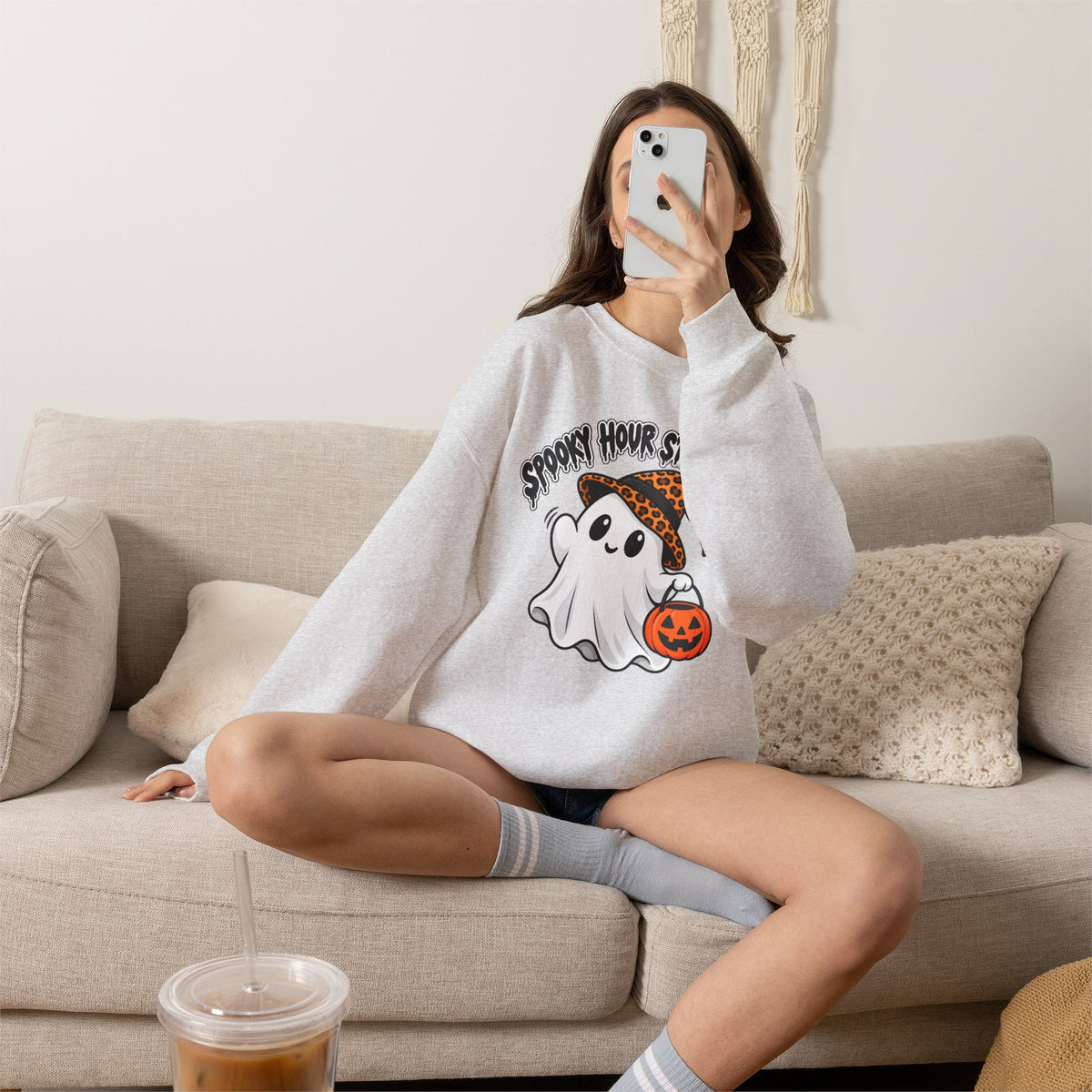 Spooky Hour Starts Now Sweatshirt, Cute Halloween Ghost Crewneck - 14536