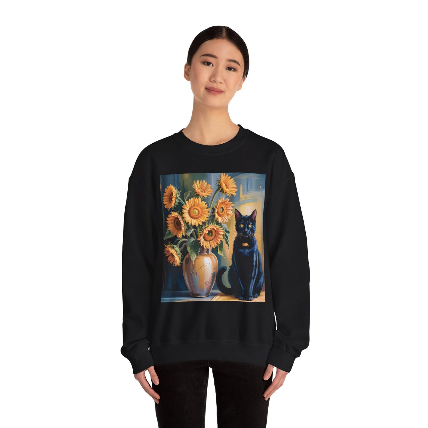 Van Gogh Style Black Cat & Sunflowers Sweatshirt – Art Lover Cozy Crewneck - 14766