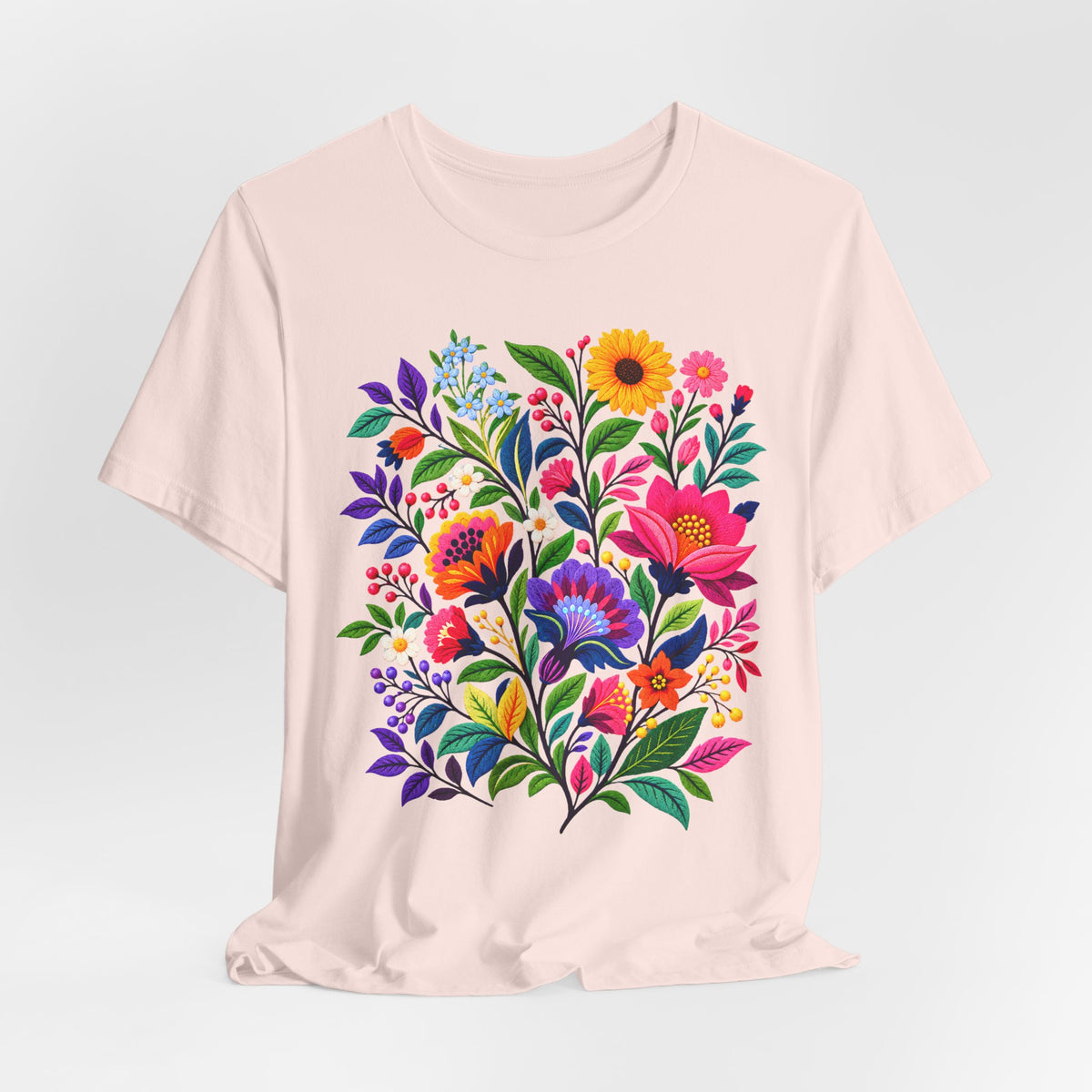 Bright Folk Art Floral T-Shirt, Colorful Flower Bouquet Tee - 14513