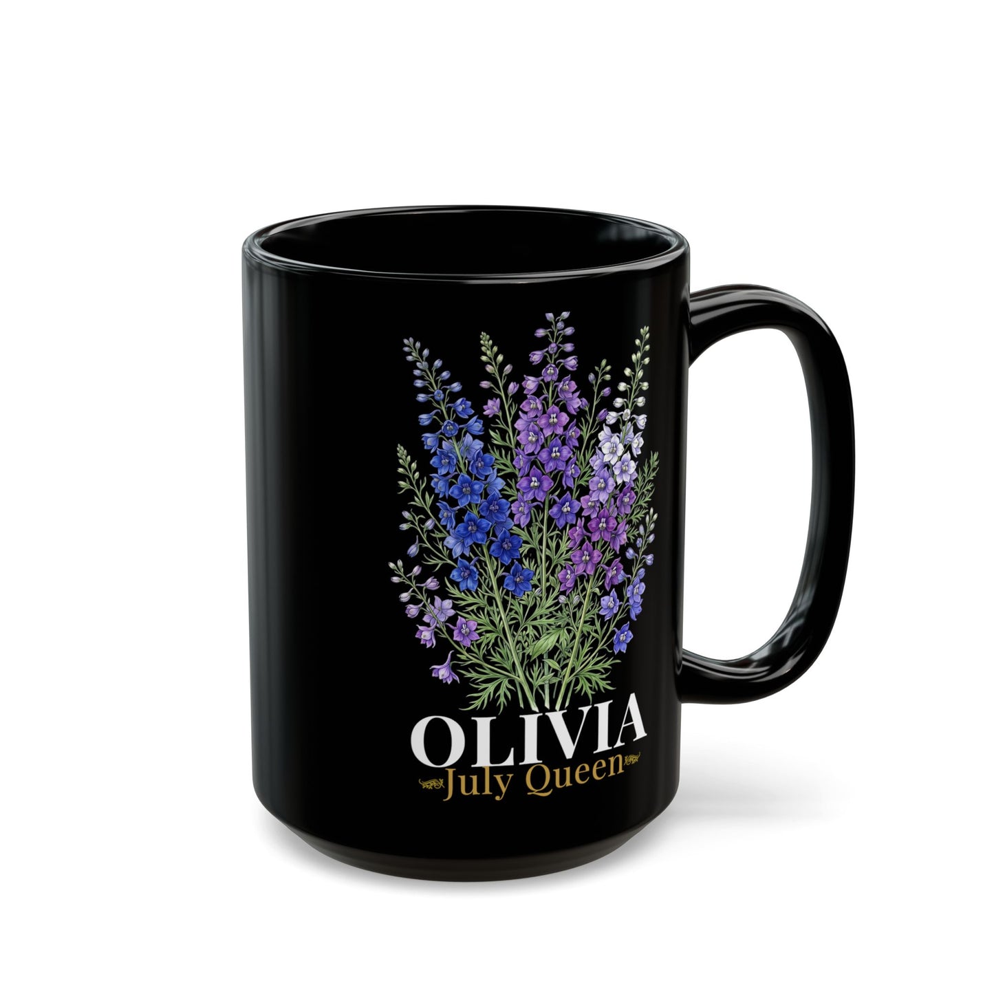 Personalized July Birth Flower Mug – Custom Name Larkspur Floral Coffee Cup, July Queen Gift for Her, Black Mug 11oz 15oz - 14905