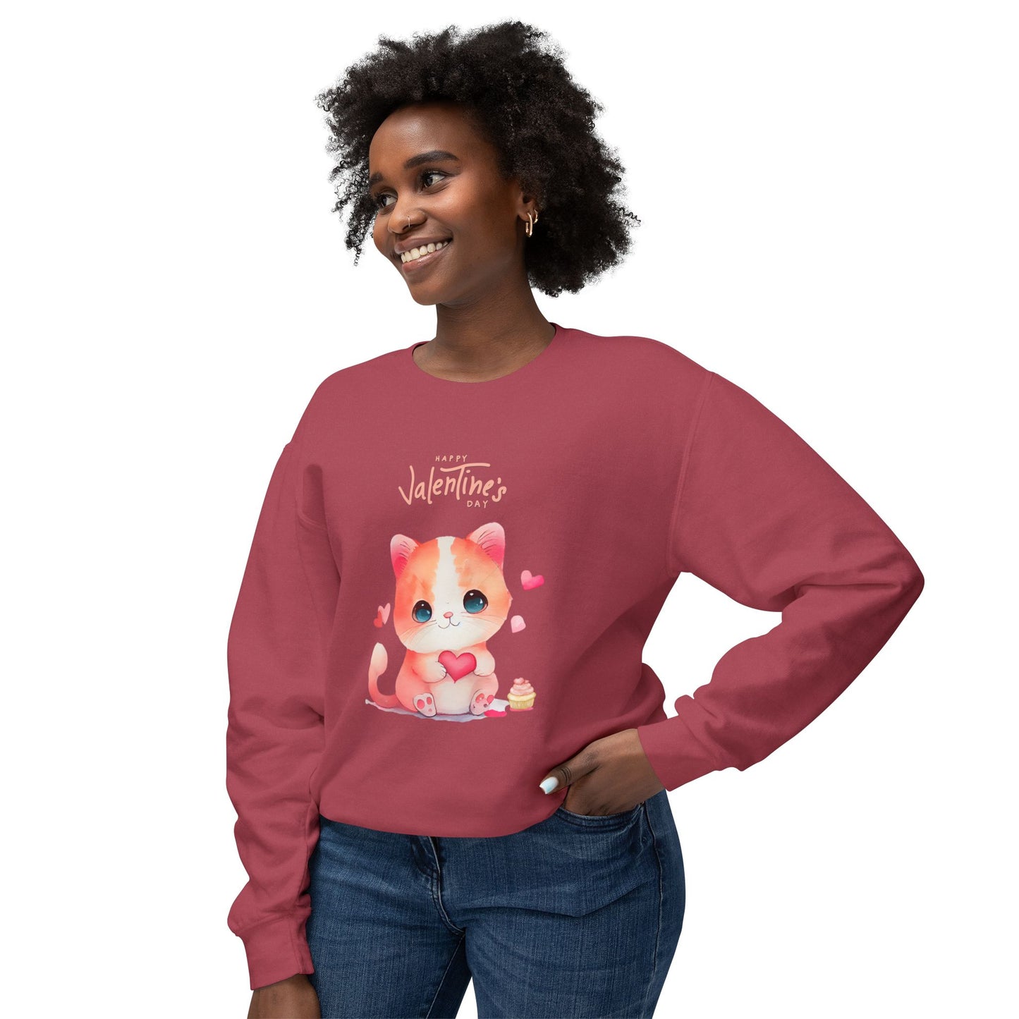 Kitten, Happy Valentine's Day - Unisex Lightweight Crewneck Sweatshirt - 11352