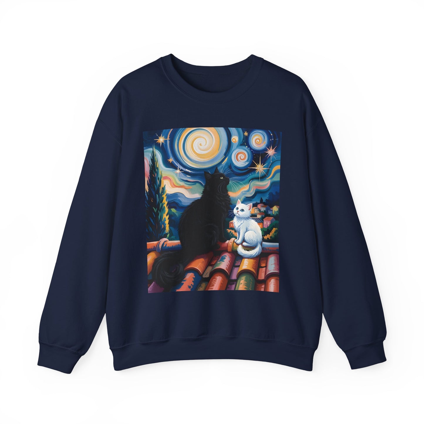 Crewneck Sweatshirt – Starry Night Cats Art, Van Gogh Inspired | Cat Lovers Gift - 14757