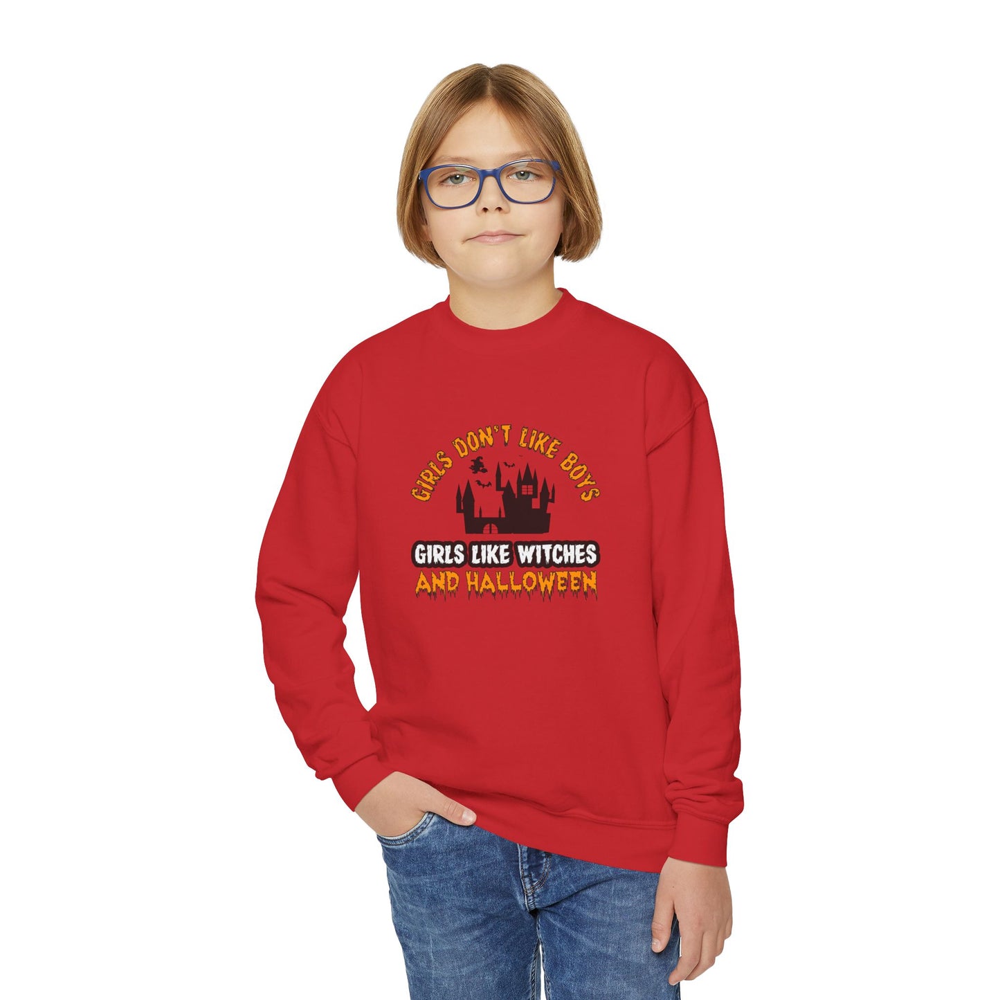 Girls Don't Like Boys. Girls Like Witches and Halloween - Youth Crewneck Sweatshirt