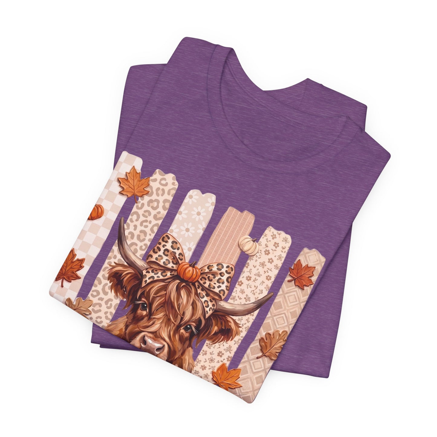 Highland Cow Autumn T-Shirt — Pumpkin & Leaves Fall Graphic Tee - 14942