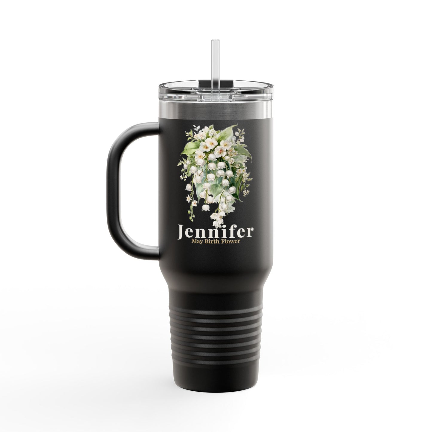 40oz Personalized Travel Mug – May Birth Flower Lily of the Valley Tumbler - 14891