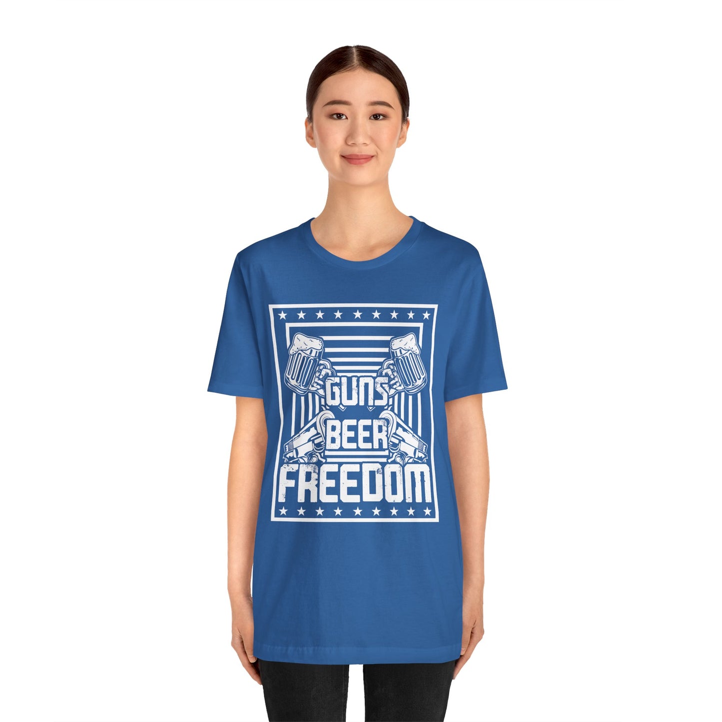 4th of July, Guns Beer Freedom Unisex Tee, Casual Shirt, Patriotic Apparel, Gift for Him, Party Tee, Everyday Wear - 13598