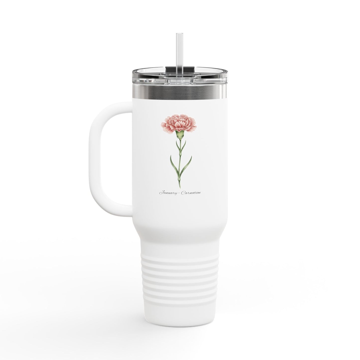Carnation Floral Tumbler – January Birth Flower Gift | 40oz Insulated Travel Mug, Customizable — 14667