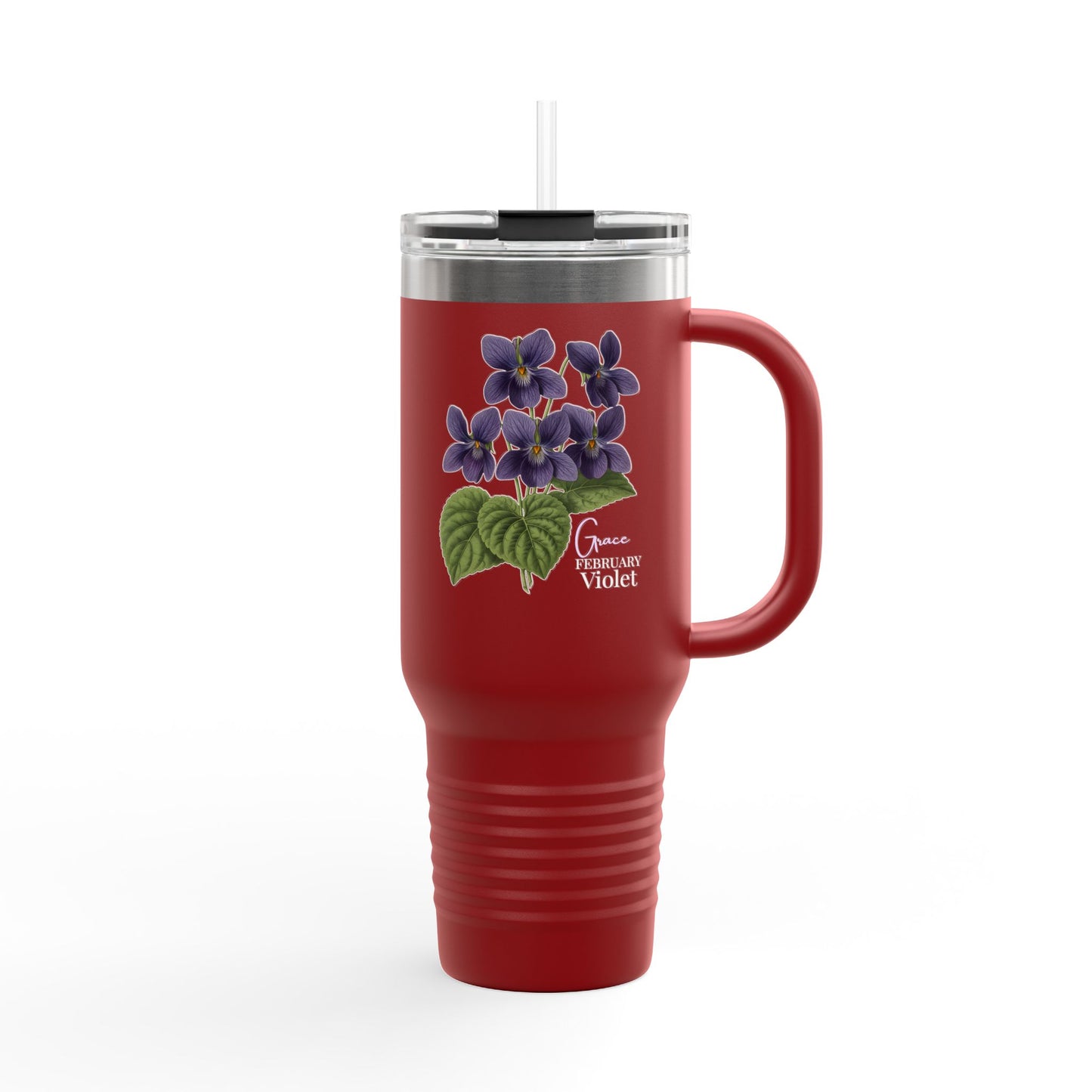 Violet Floral Tumbler – February Birth Flower Gift | 40oz Insulated Travel Mug, Customizable — 14688