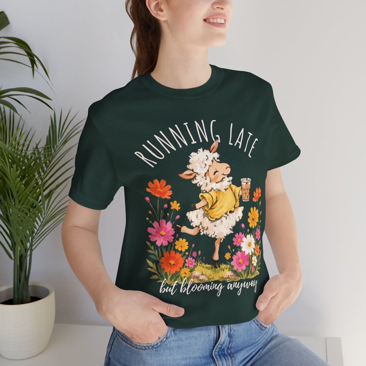 Running Late But Blooming Anyway T-Shirt, Cute Floral Lamb Graphic Tee - 14941