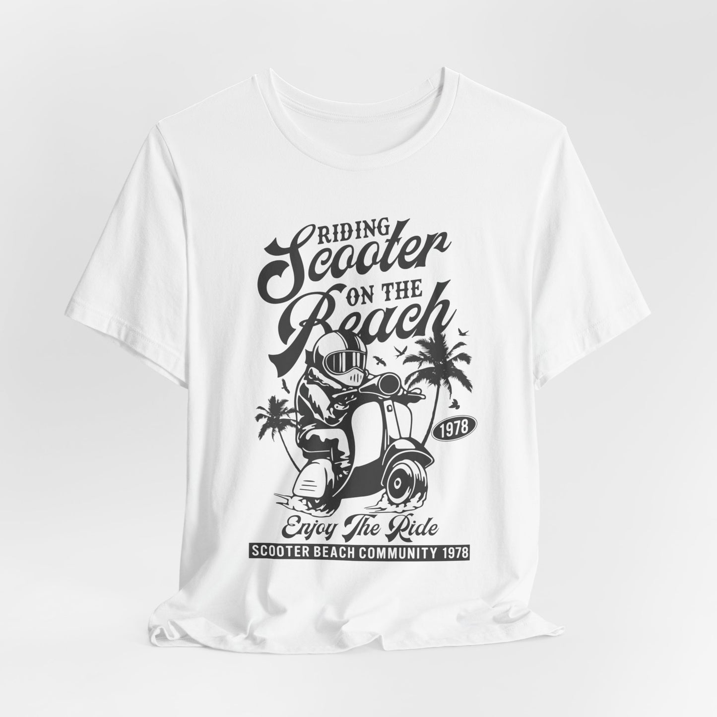 Riding Scooter on the Beach, Enjoy the Ride - Unisex Jersey Short Sleeve Tee