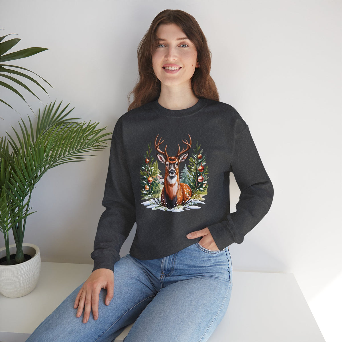 Christmas Deer Sweatshirt, Vintage Woodland Holiday Crewneck - 14562