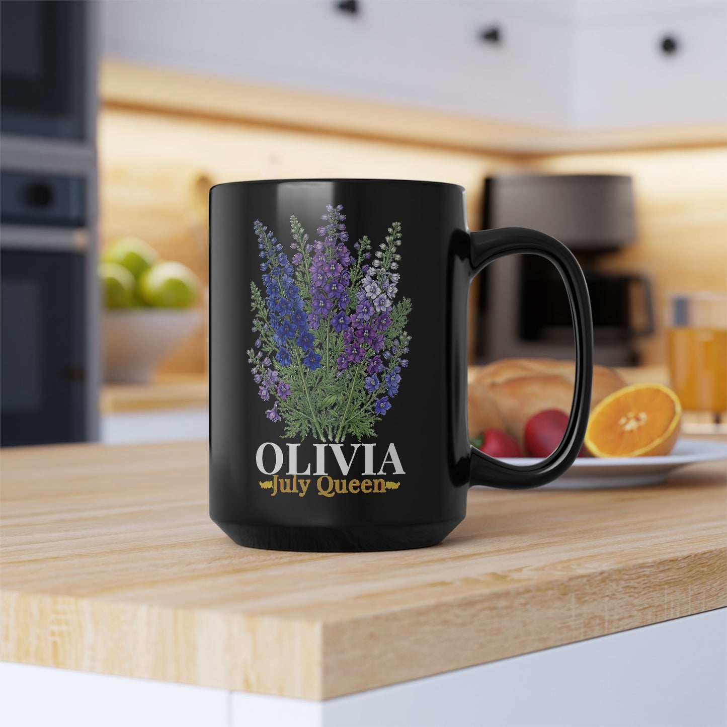 Personalized July Birth Flower Mug – Custom Name Larkspur Floral Coffee Cup, July Queen Gift for Her, Black Mug 11oz 15oz - 14905