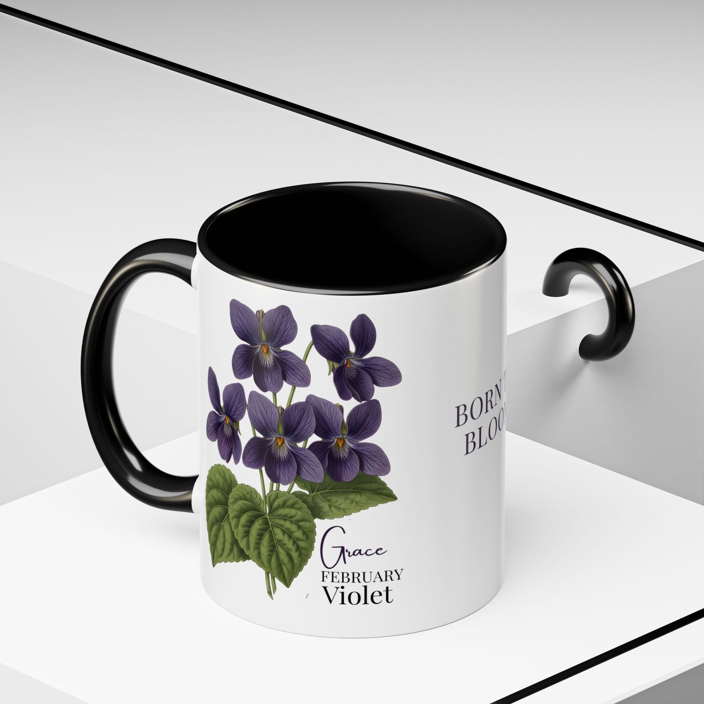 February Birth Flower Violet Mug – Personalized Name Coffee Cup - 14687