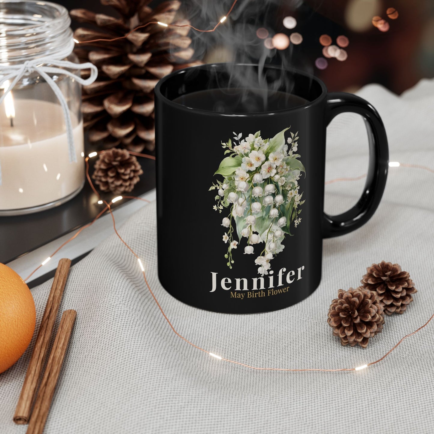 Custom Name May Birth Flower Mug – Lily of the Valley Personalized 15oz Black Mug Gift for Her - 14885