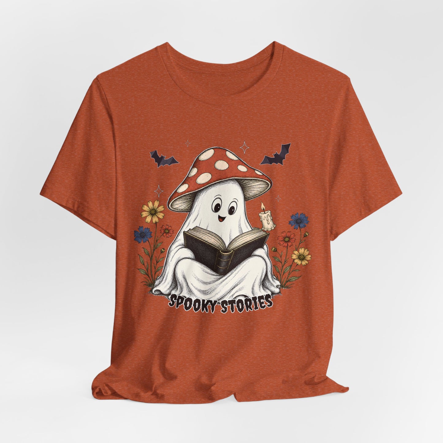 Spooky Stories Ghost T-Shirt, Cute Mushroom Ghost Reading Shirt for Halloween - 14970