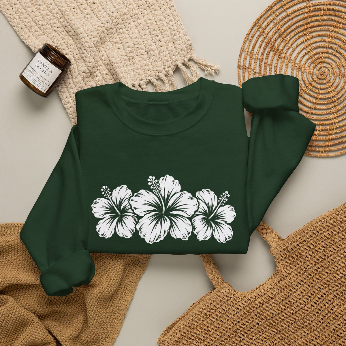 Hibiscus Floral Crewneck Sweatshirt,  Tropical Flower Graphic - 14996