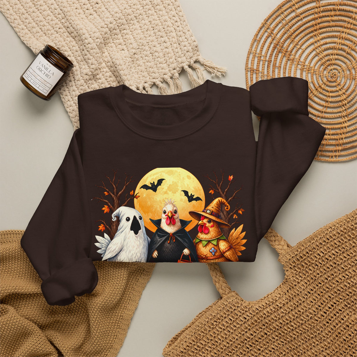 Trick or Tweet Halloween Sweatshirt, Cute Costume Chickens & Ghost Crewneck- 14512