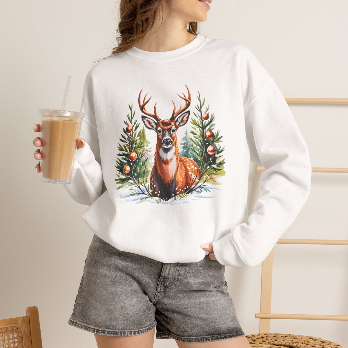 Christmas Deer Sweatshirt, Vintage Woodland Holiday Crewneck - 14562