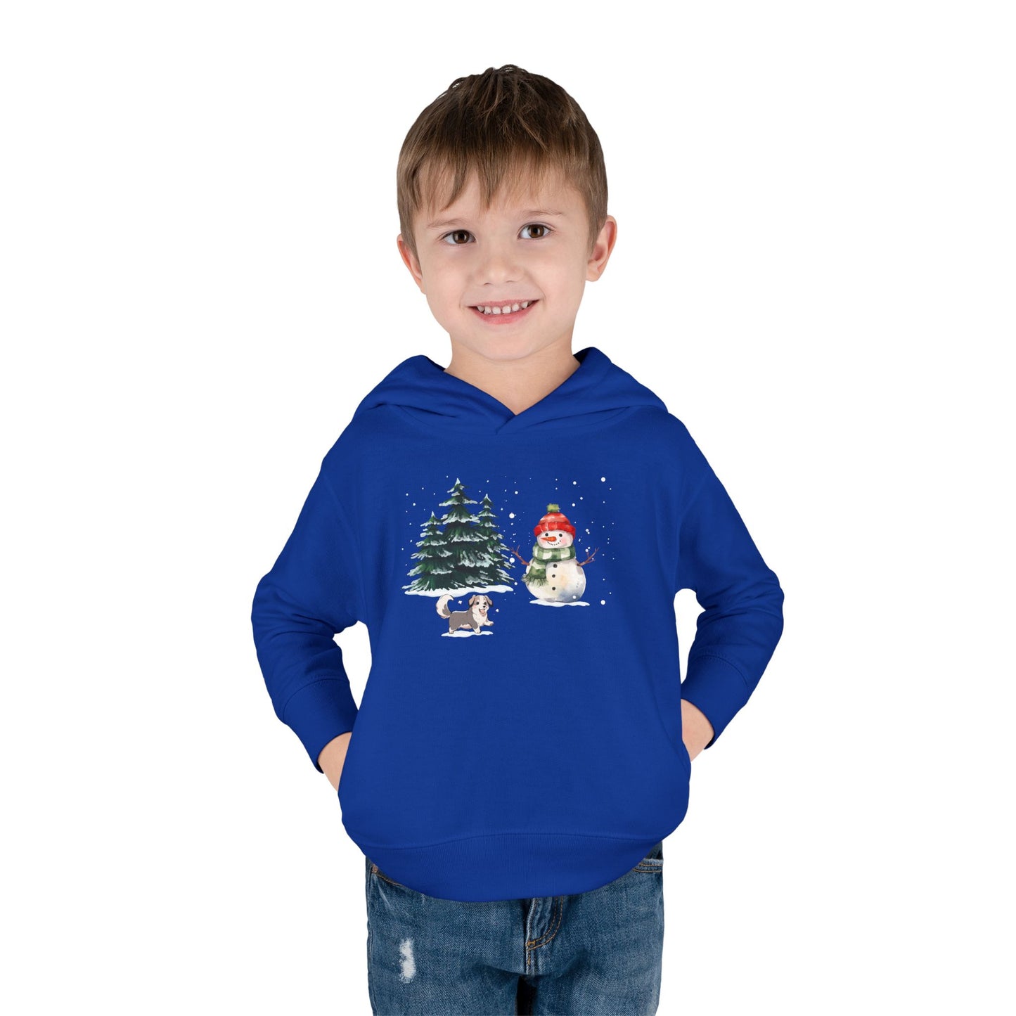 Winter Trees, Snowman & Puppy - Toddler Pullover Fleece Hoodie - 10270