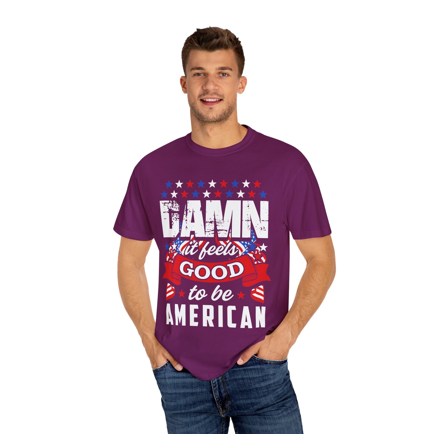 Patriotic T-Shirt with 'Damn it feels Good to be American' Design, Great for 4th of July, BBQs, and Casual Outings, Unisex Top - 13600