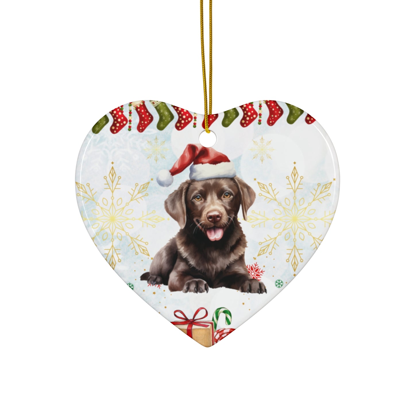 Dog with Christmas Hat - Ceramic Ornament, 4 Shapes