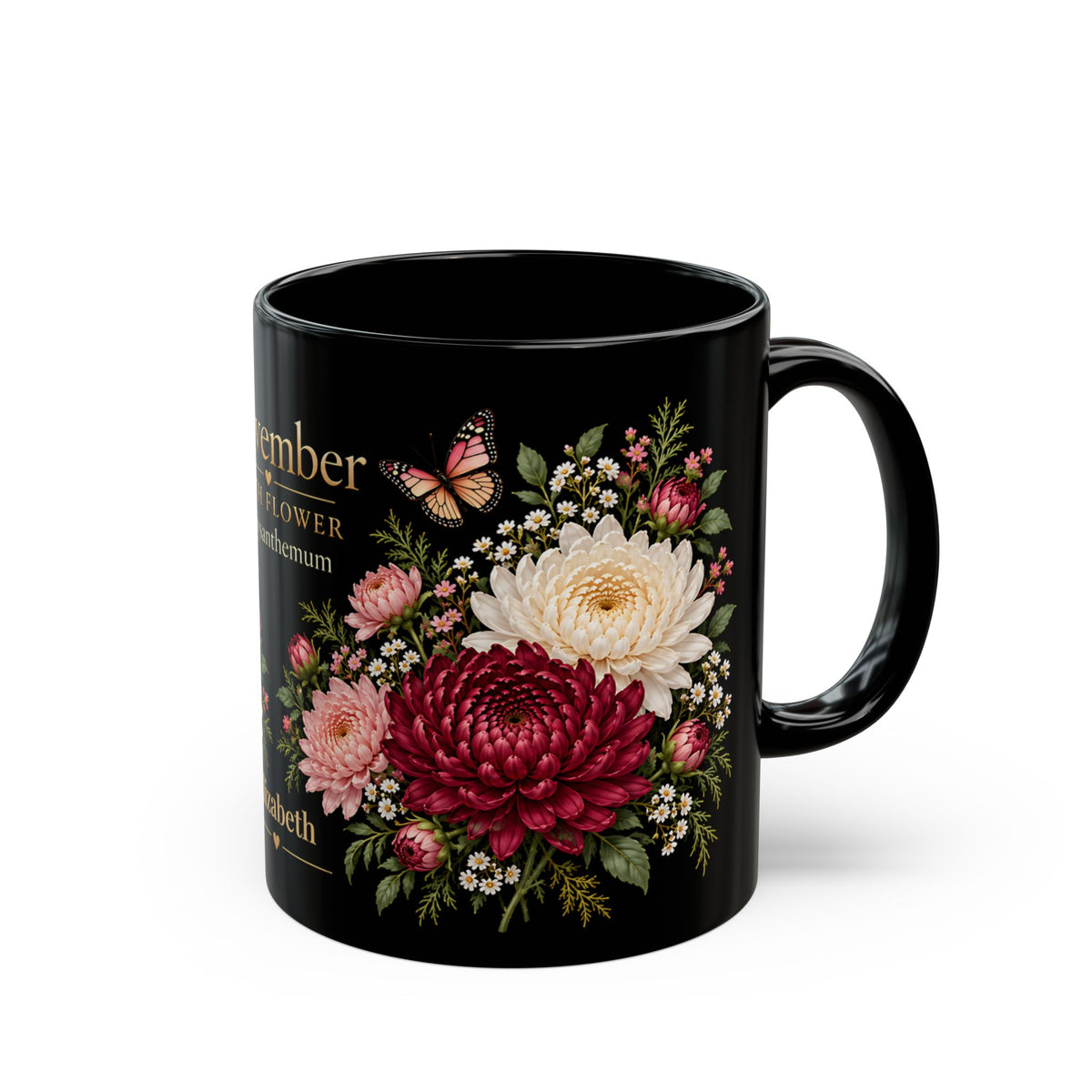 November Chrysanthemum Birth Flower Mug, Personalized Black Floral Mug - 14546