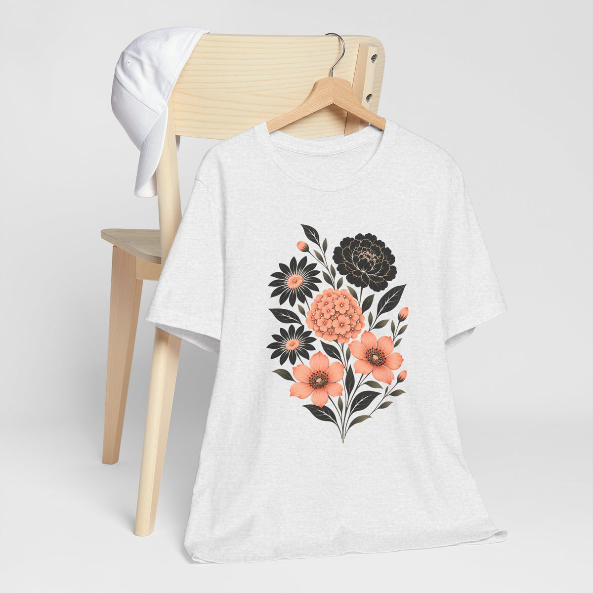 Floral Bouquet T-Shirt, Peach & Black Garden Flower Tee - 14502