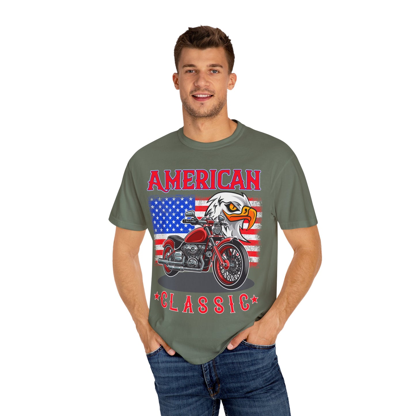American Classic Tee, Unisex Garment-Dyed T-shirt, Biker Gift, Patriotic Apparel, Rider and Eagle Fashion, Vintage Style - 13658