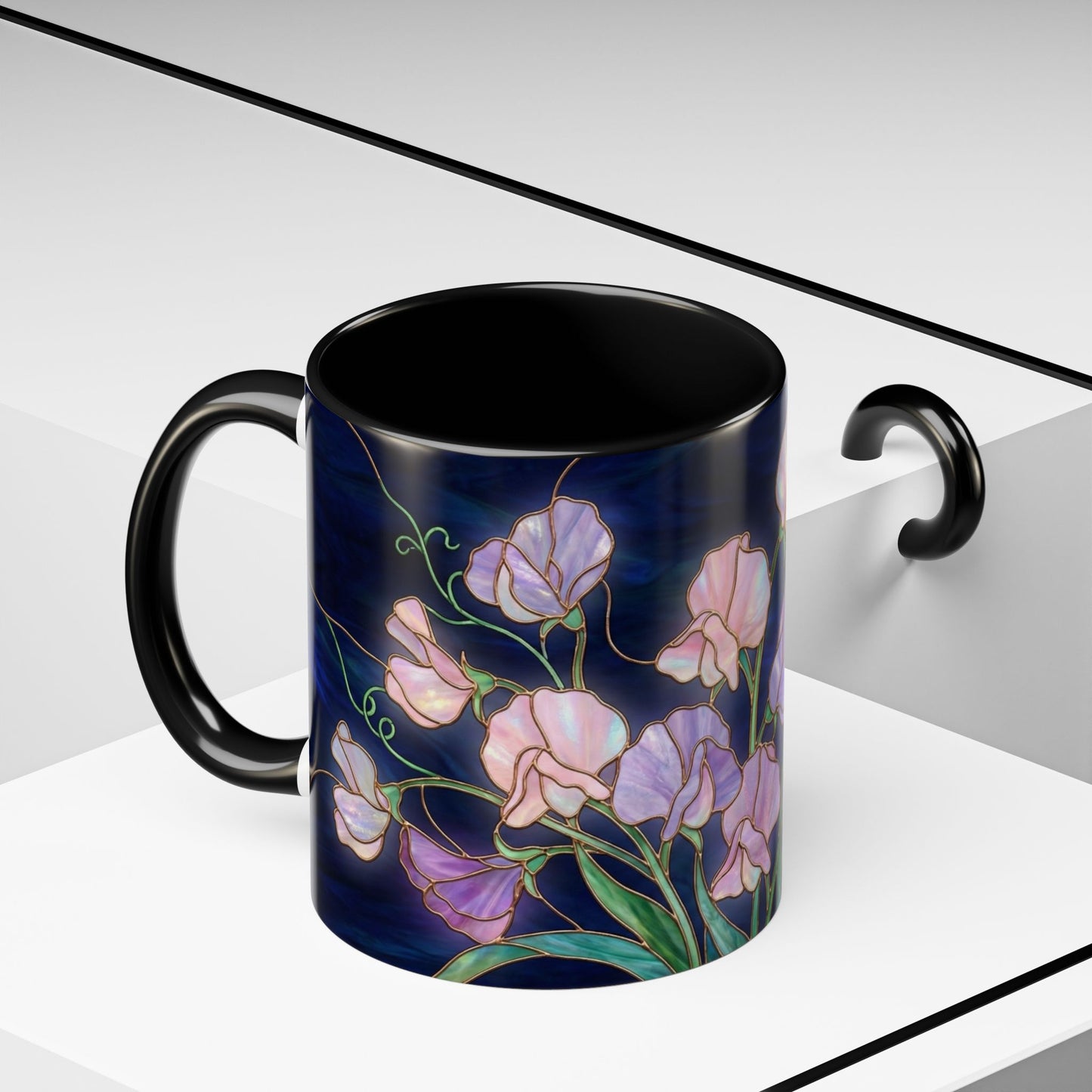 Sweet Pea Floral Accent Coffee Mug — Stained Glass Design 11/15oz - 14587