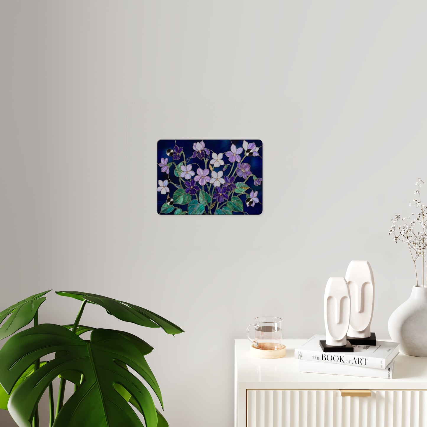 Violet Floral Acrylic Wall Art Panel — Purple Violets on Deep Blue - 14600