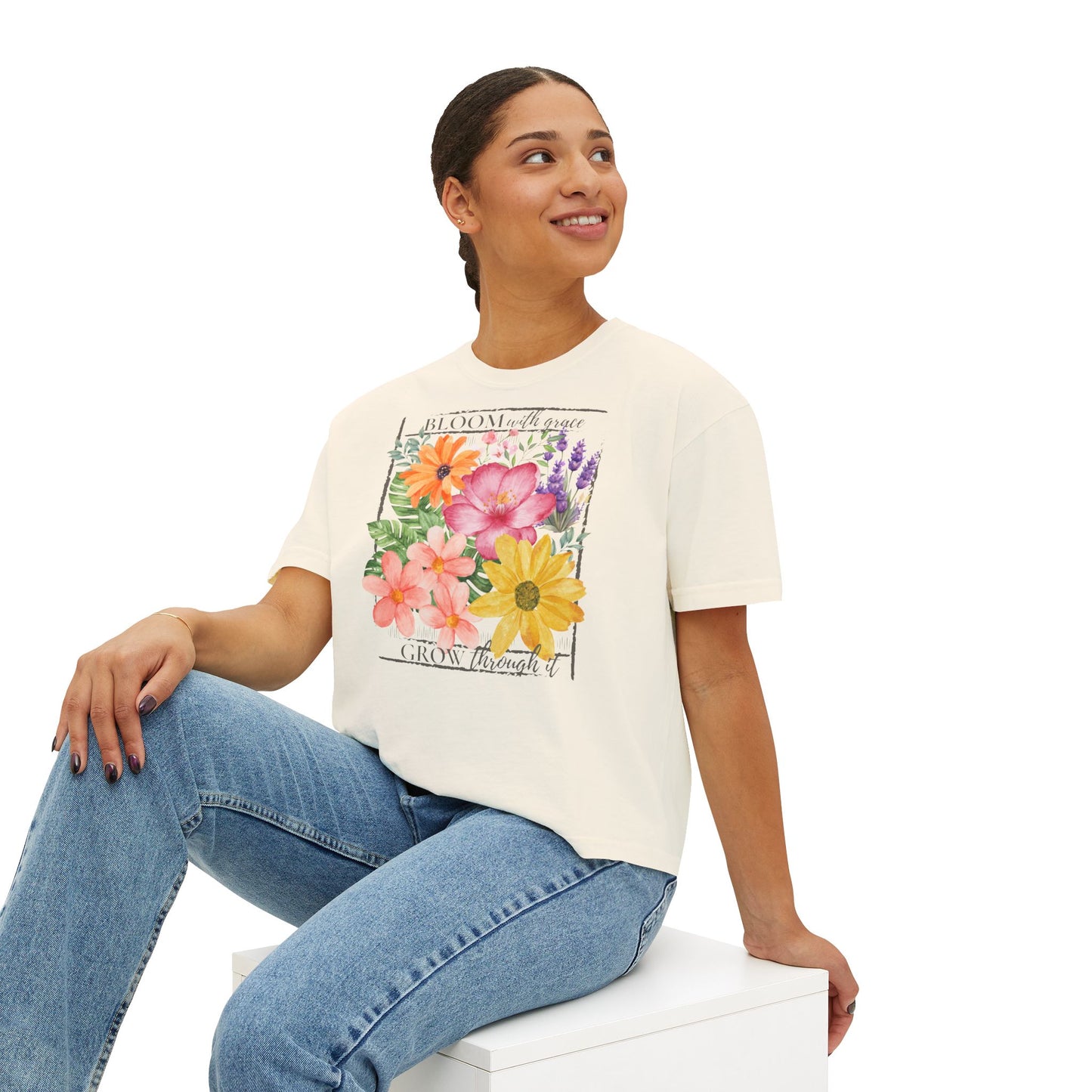 Bloom With Grace Floral Boxy Tee,  “Grow Through It” Inspirational Women’s T-Shirt - 14944