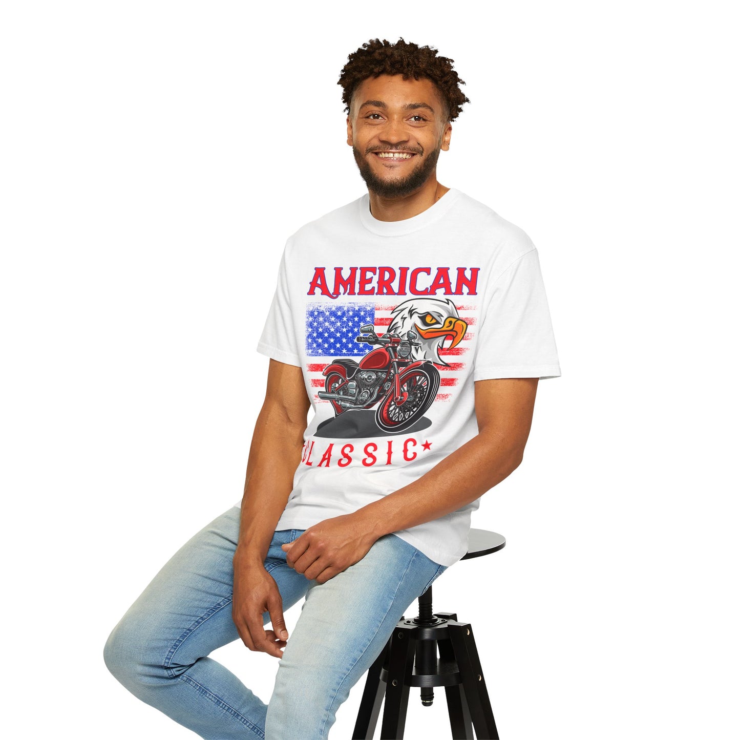 American Classic Tee, Unisex Garment-Dyed T-shirt, Biker Gift, Patriotic Apparel, Rider and Eagle Fashion, Vintage Style - 13658