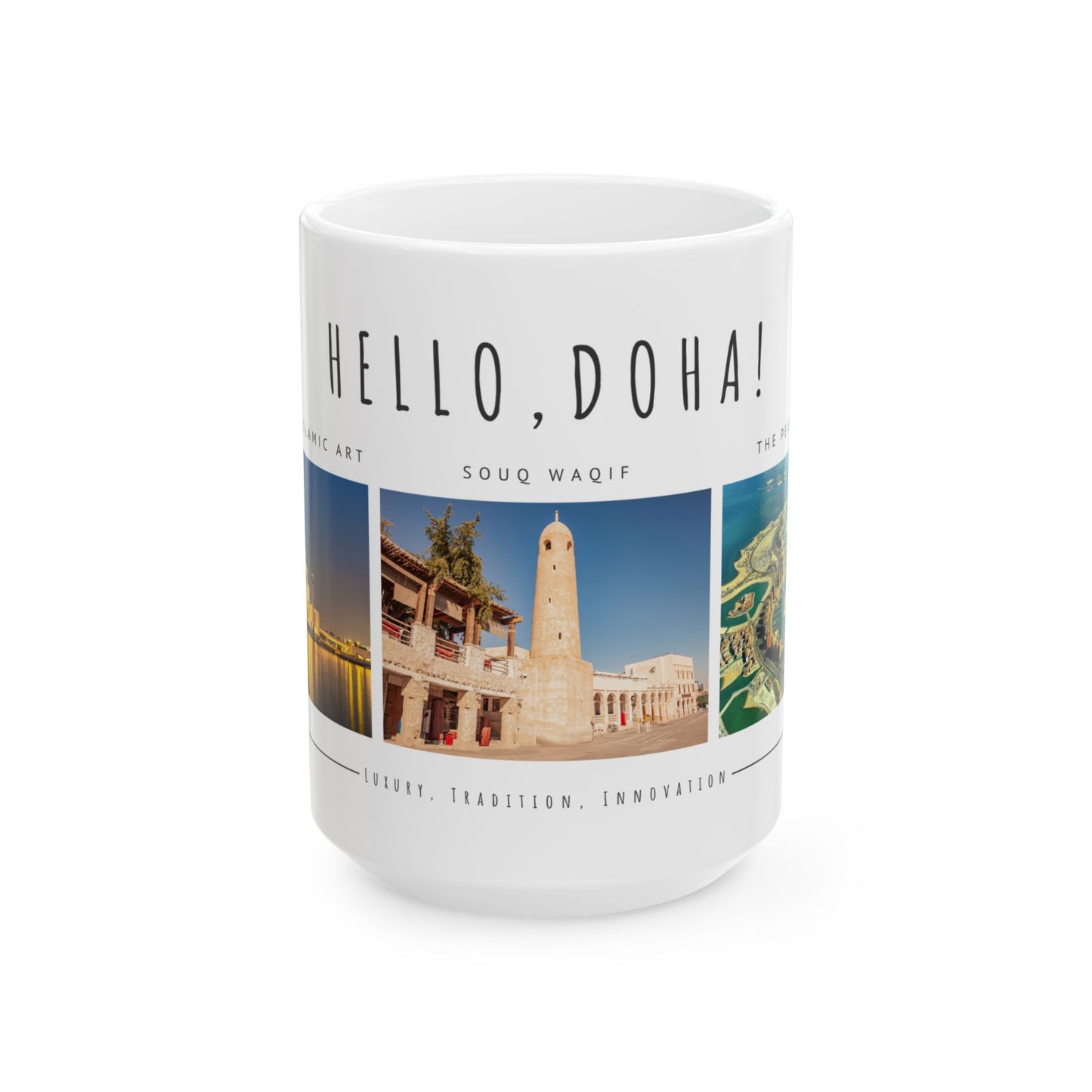 Hello Doha! Ceramic Travel Mug - 11oz & 15oz | Souq Waqif Art Design - 12108