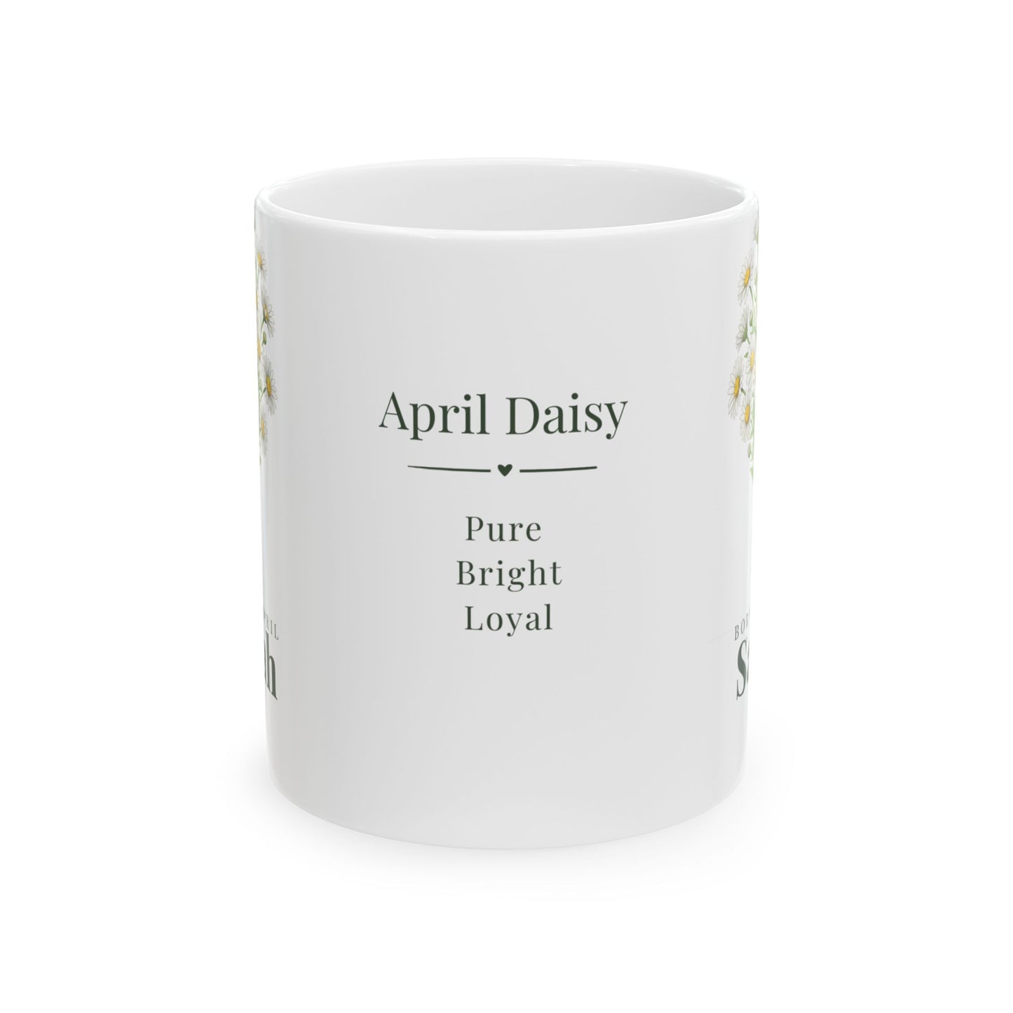 Personalized April Daisy Birth Flower Mug – Custom Name Floral Coffee Cup, "Pure Bright Loyal" Birthday Gift (11oz, 15oz)  - 14832