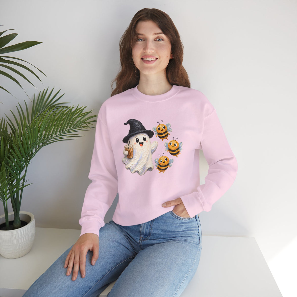 Cute Halloween Ghost & Bees Sweatshirt, Whimsical Witch Hat Crewneck - 14538