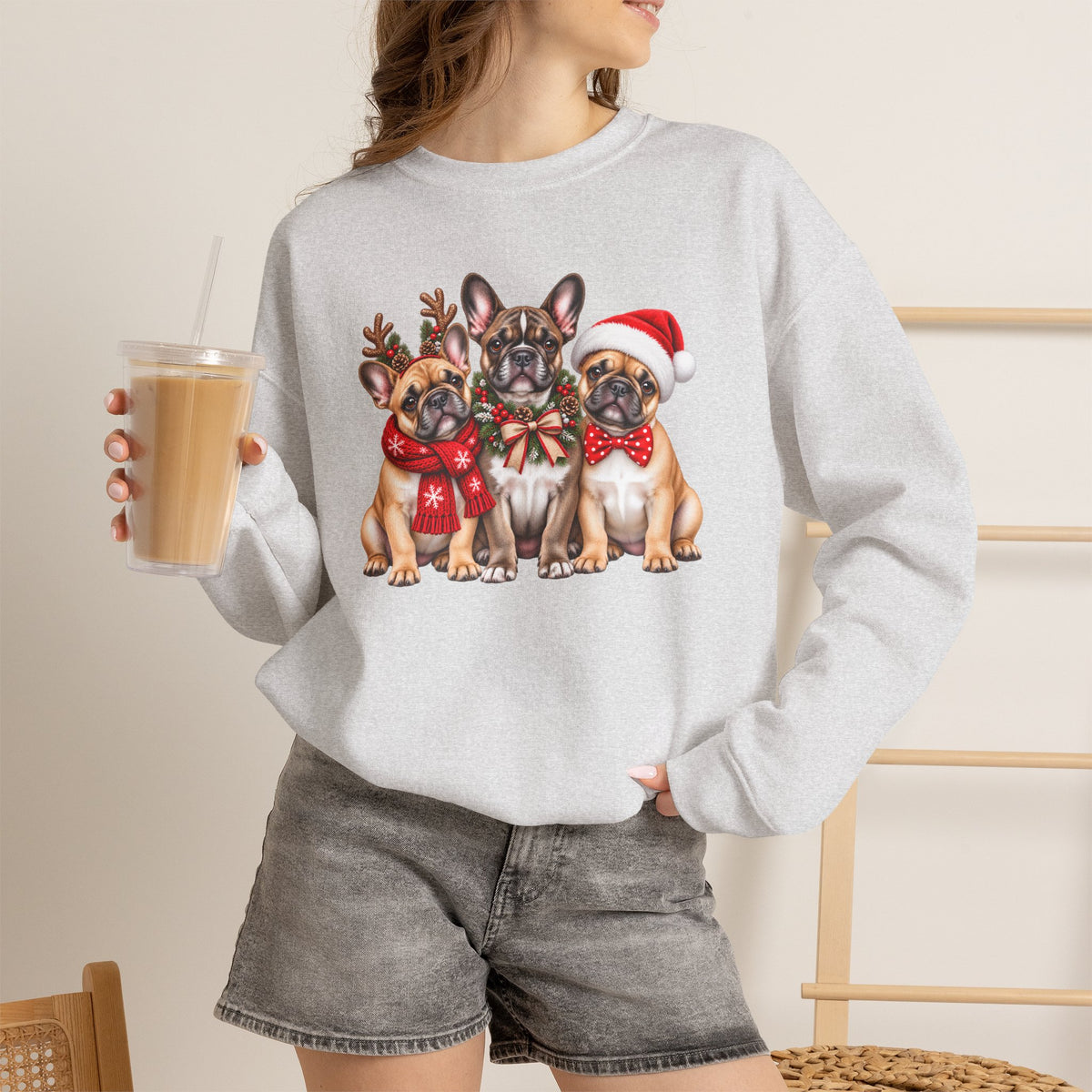 Christmas French Bulldog Sweatshirt, Cute Festive Frenchie Crewneck - 14556