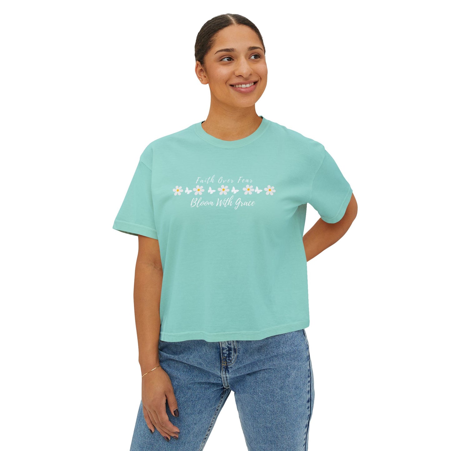 Faith Over Fear Floral Boxy Tee, “Bloom With Grace” Christian Crop Shirt - 14950