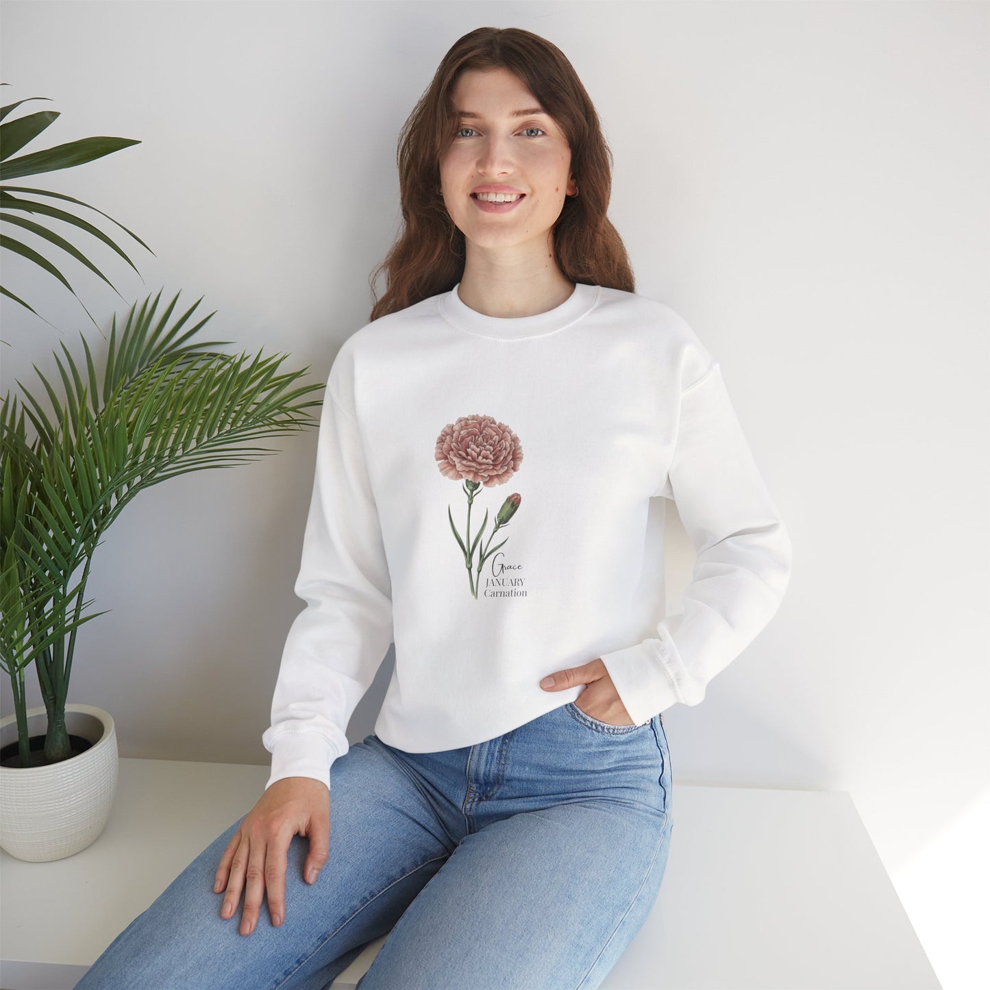 January Carnation Crewneck Sweatshirt — Customizable - 14673
