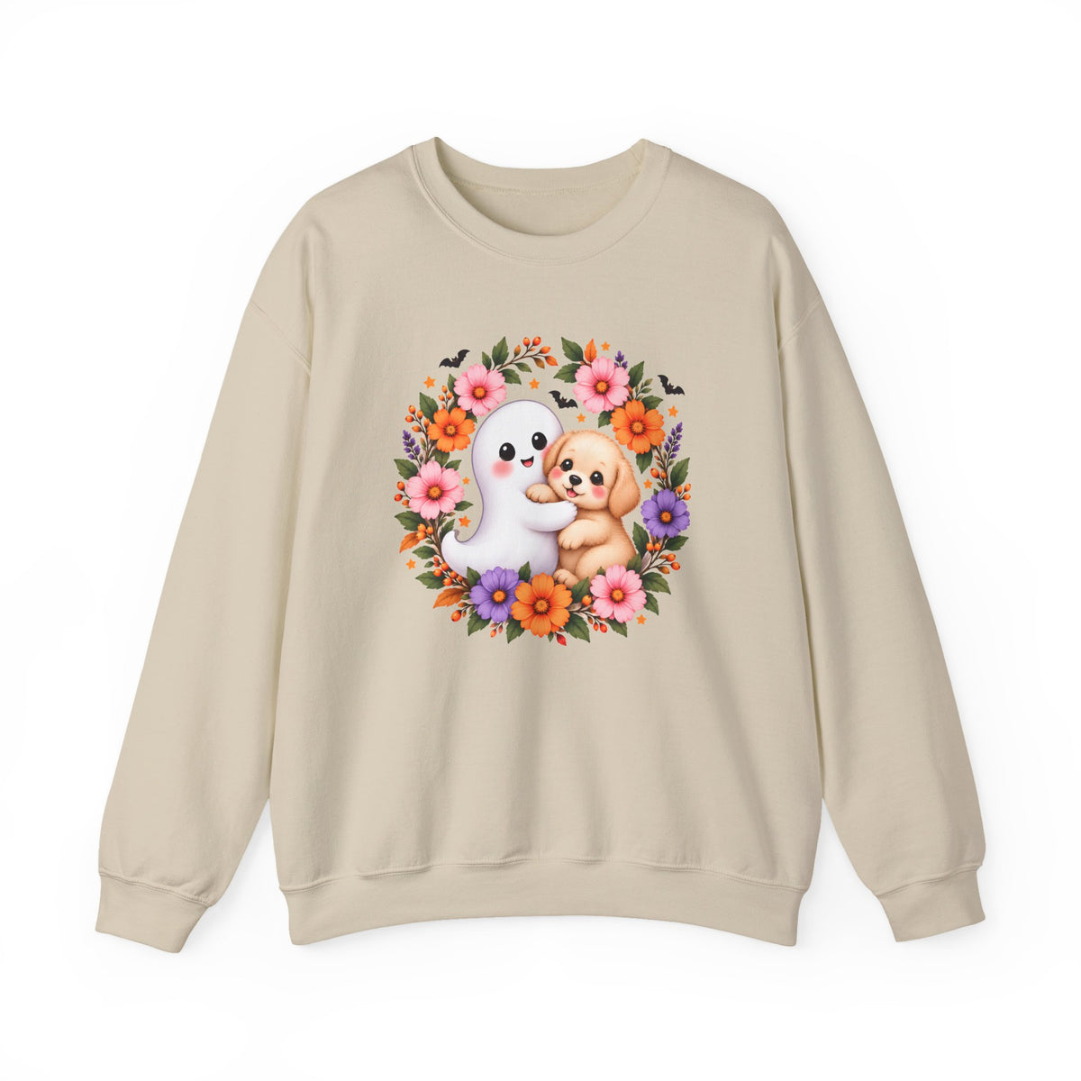 Cute Ghost & Puppy Halloween Sweatshirt,  Floral Crewneck - 14515