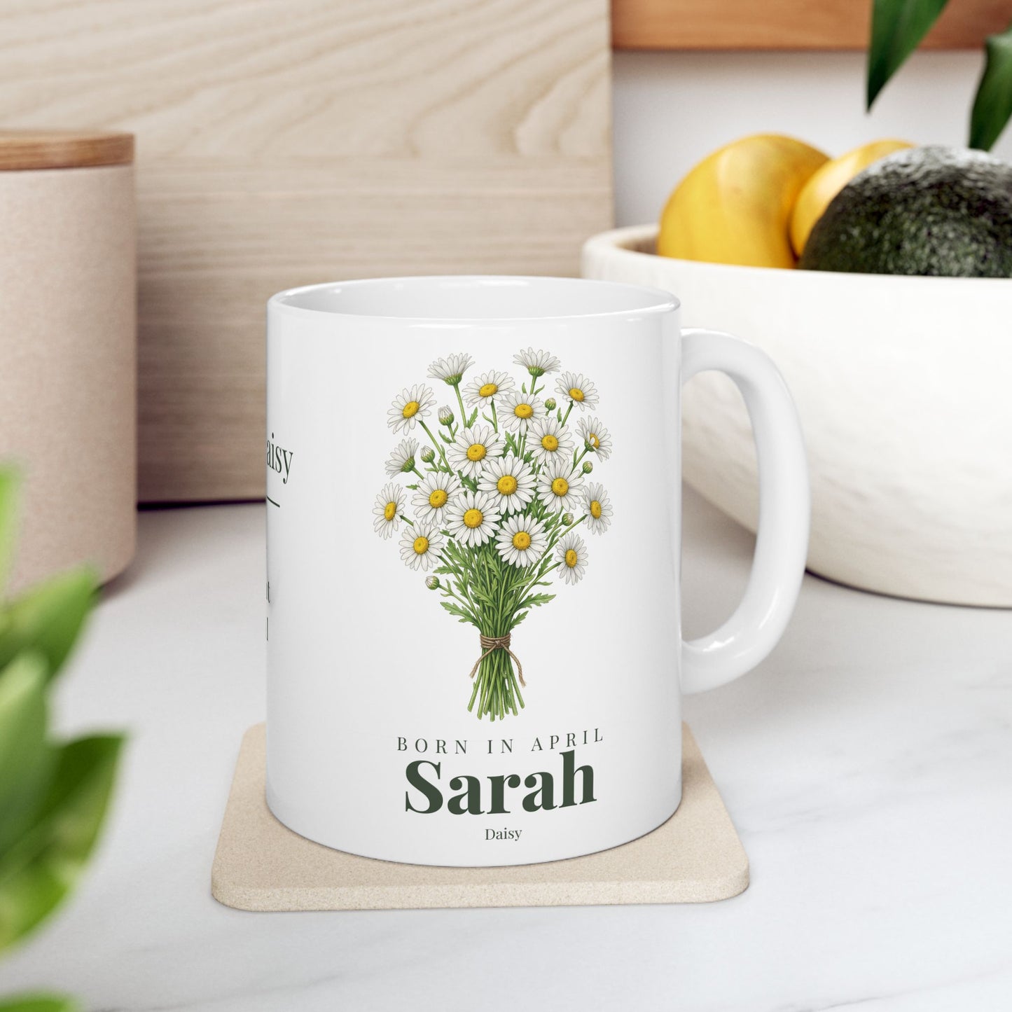 Personalized April Daisy Birth Flower Mug – Custom Name Floral Coffee Cup, "Pure Bright Loyal" Birthday Gift (11oz, 15oz)  - 14832